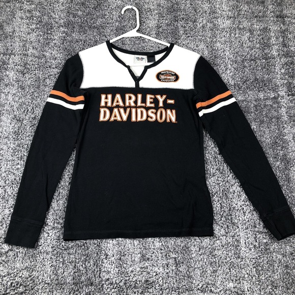 Harley-Davidson Shirt Womens Small Black White Henley Long Sleeve Biker Tee - Picture 3 of 8